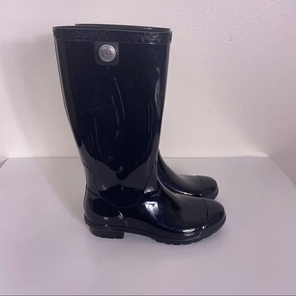 UGG Black Rubber Tall Pull On Rain Boots - Picture 1 of 9